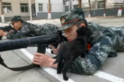 中国河南省で訓練中の兵士さんに戯れる黒い子犬と、まるで子犬なんていないかのように振る舞う兵士さんたち