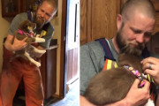 かつて飼っていた愛犬の姿を重ね、思わず感極まる？家族からハスキーの子犬をサプライズでプレゼントされた男性、目から涙がこぼれ落ちる