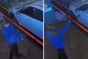 洗車場の従業員に車の窓からカップの飲み物を投げつけた客に対し反撃の汚物は消毒じゃ～！