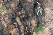 崖の上でヤギを捕まえようと追いかけていた少年が落下してしまう映像