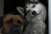 子猫「雨かにゃー？」犬1「頭が邪魔…ぱくり」犬2「雨か…」外の様子を見に窓辺に集まるペットたちが可愛い！