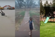 約５年ぶりの大雨に大喜びする農家の人々や子供たち（オーストラリア）