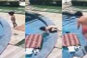 プールに誤って落ちてしまった幼児を男の子が救助。その様子を監視カメラが撮影していた