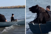 世にも珍しい釣り仲間？ペットのクマと一緒に釣りを楽しむ女性(ロシア)