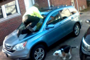 監視カメラが犬に猛烈に吠えられ車の上に避難するAmazonの男性配達員の様子をとらえる