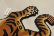 猫が虎の敷物を見てびっくりして飛び跳ねる