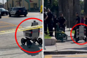 警察困惑。配達ロボットが立ち入り禁止の犯罪現場を通り抜けようとする鉄の意思