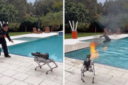 火炎放射搭載のロボット犬に芸を仕込んだ男性だが、突如火を噴射されてしまう