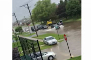 大雨で道路が冠水！でもこっちを通れば問題なし！っていう車
